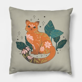 Cat With Flowers And Plants Pillow