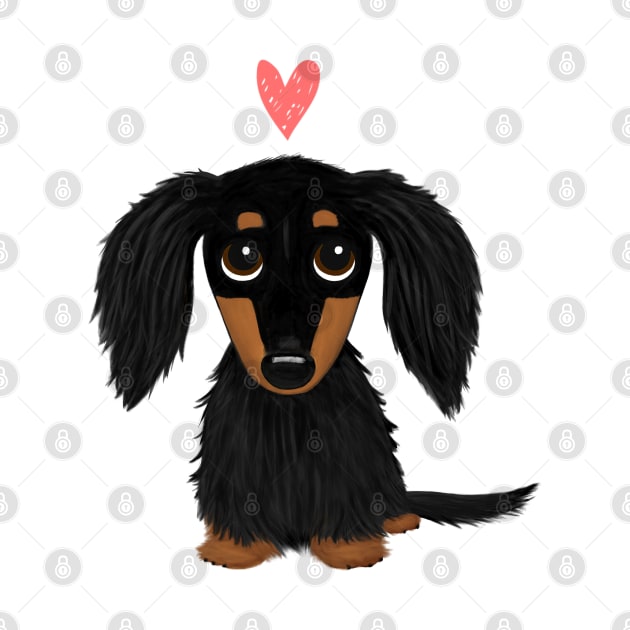 Black and Tan Longhaired Dachshund Cartoon Dog with Heart by Coffee Squirrel