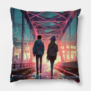 lost couple in a cyber neon cityscape Pillow