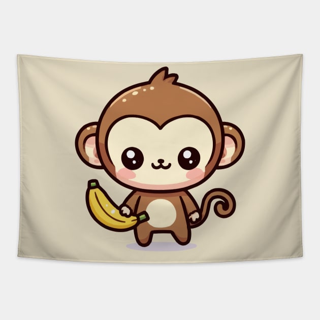 cute baby monkey carrying a banana Tapestry by fikriamrullah