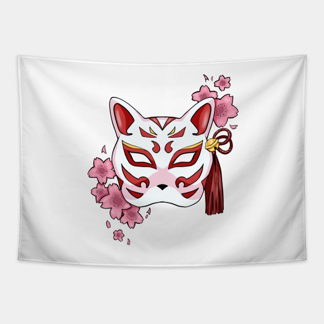 Cherry Blossom Fox Mask - A Playful and Elegant Design Tapestry by alexandre-arts