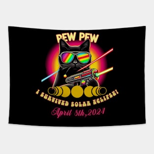 Pew Pew I Survived Solar Eclipse April 8th 2024 Funny Black Cat Wearing Solar Eclipse Glasses Tapestry