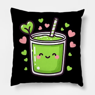 Cute Kawaii Green Smoothie Drink with Hearts | Vegan Design for Kawaii Lovers Pillow