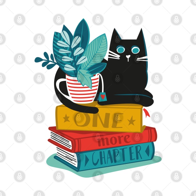 One more chapter // spot // aqua background black cat striped mug with plants red teal and yellow books with quote by SelmaCardoso