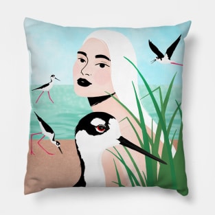 Girl on the shore with black-necked stilts Pillow