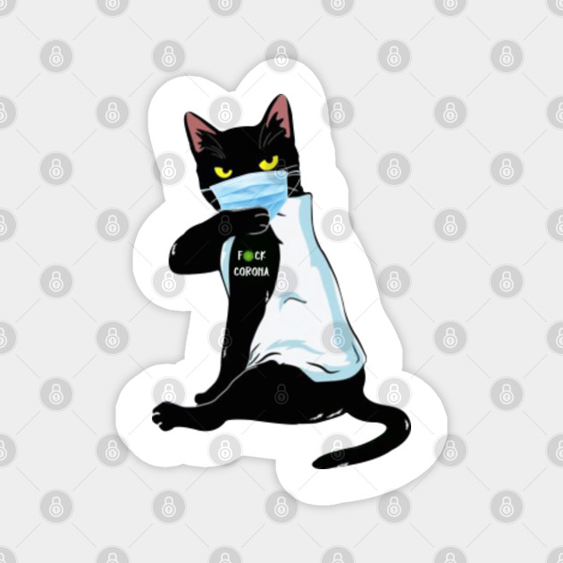Black Cat Wears Face Mask Fuck Corona Cat Face Mask Magnet
