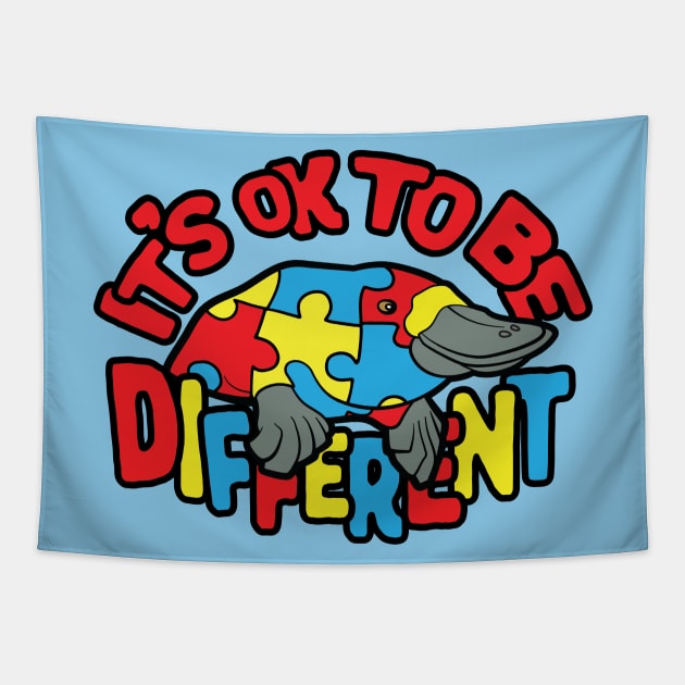 Autism Awareness Platypus It's OK To Be Different Tapestry by Huhnerdieb Apparel