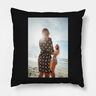 Two Young Pretty Blond Girls Holding Hands and Laughing Together on Sunny Beach Pillow