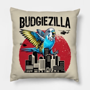 Budgiezilla Funny Giant Parakeet Budgie Budgerigar Bird Lover In City Pillow