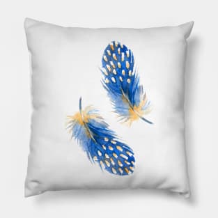 Blue Feathers of Helmeted guineafowl. Watercolor Pillow