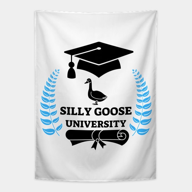 Silly Goose University - Standing Goose Black Design With Blue Details Tapestry by Double E Design