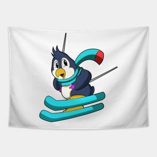 Penguin as Skier with Skis Tapestry