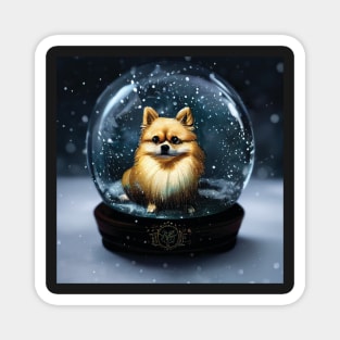 Pomeranian Dog in a Snow Globe Magnet