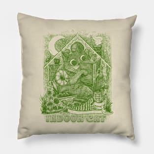 Indoor Cat Green Illustration Introvert Cartoon Pillow