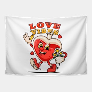 Love vibe, cute cartoon character a bottle of love potion walking carrying flowers Tapestry