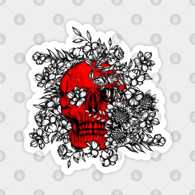 Red skull with white flowers Magnet by fakeface