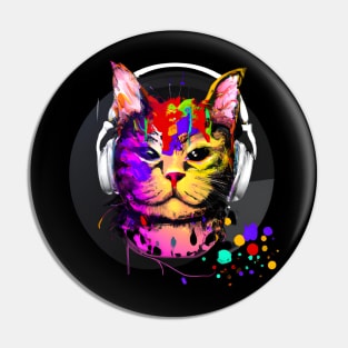 Colorful cat with headphones Pin