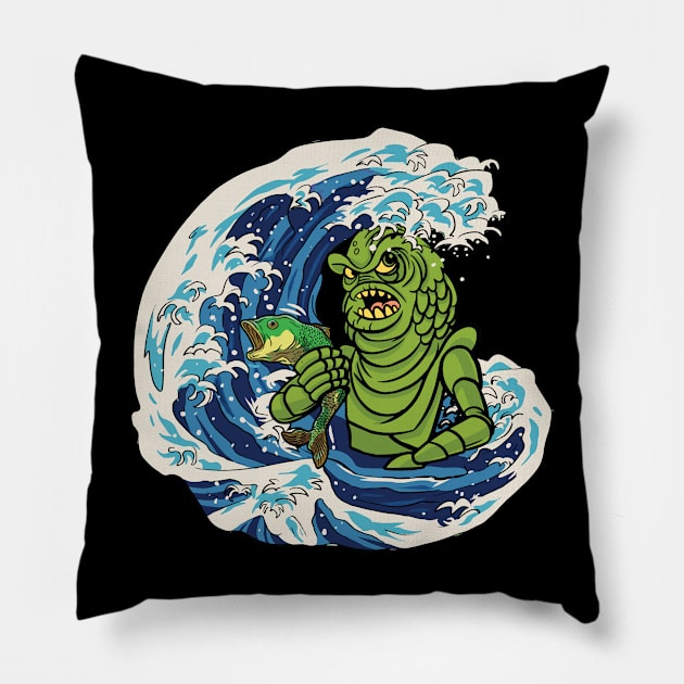 Annoyed Frogman in the surf fishing Graphic Pillow by Graphic Duster