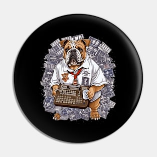 Accountant English Bulldog t-shirt design, a bulldog wearing a graduation gown and holding a calculator Pin