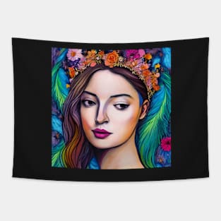 Woman in Floral and Feather Crown / Headdress Tapestry