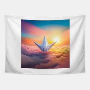 Paper Spacecraft Soaring Through Sunset Skies Tapestry