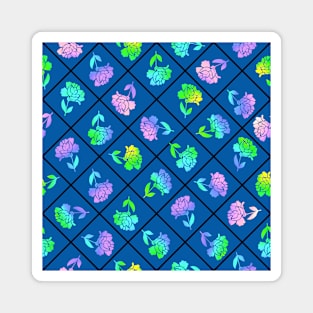 Window Pane Diagonal Floral Black Line on Blue Magnet