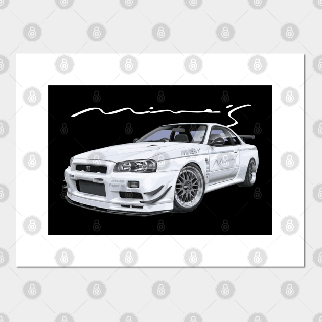 Jdm Car R34 Gtr White V Spec Ii N1 Bnr Godzilla Mine S Modified R34 Skyline Poster Und Kunst Teepublic De