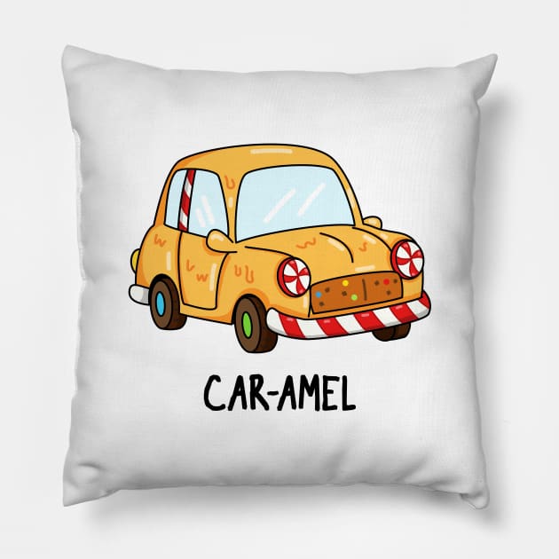 Car-amel Funny Candy Pun Pillow by punnybone