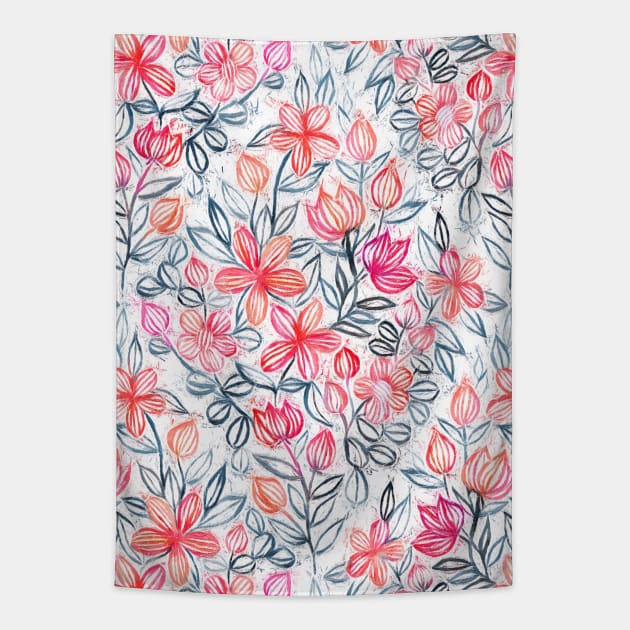 Coral and Grey Candy Striped Crayon Floral Tapestry by micklyn