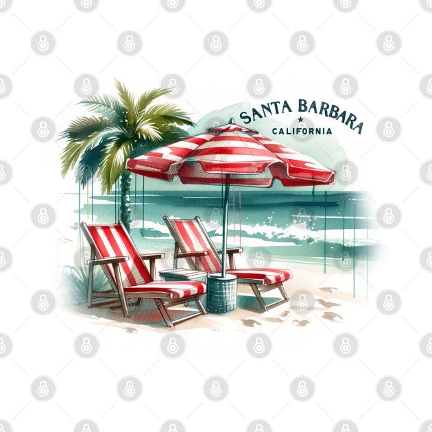 Santa Barbara Vintage Watercolor Beach Scene - California Travel by Retro Travel Design