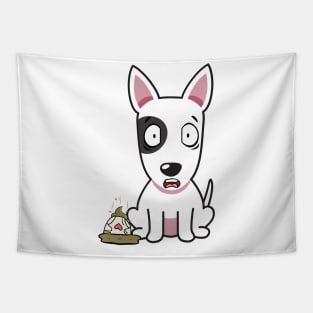 Funny bull terrier steps on a dirty diaper Tapestry