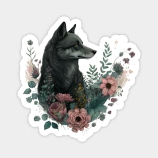 Colorful Wolf with Flowers Magnet