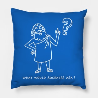 What Would Socrates Ask - White Cartoon - Bottom Text Pillow