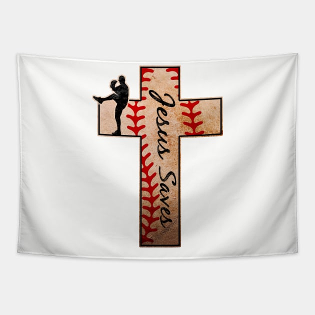 Jesus Saves Baseball Pitcher Closer Cross Christian Faith Tapestry by TeeCreations