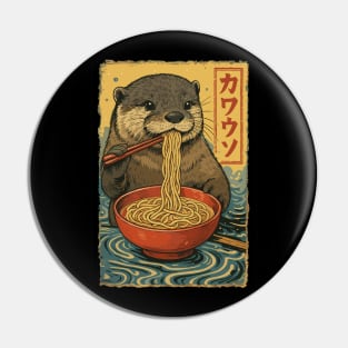 Otter Eating Ramen Japan – Cute Anime Animal, Kawaii Food Lover, Noodle Soup Art Pin