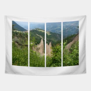 The incredible earth pyramids of Collepietra (Piramidi di Terra) in the Dolomites. Striking place. Italian Alps. Sunny spring day with no people. Valley in the background. Trentino Alto Adige. Tapestry