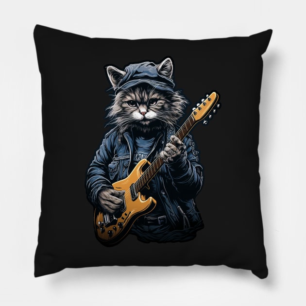 Rock n Roll Cat Playing Guitar Pillow by MyMagicalPlace