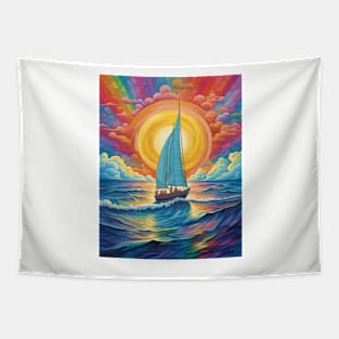 Sailing Boat at Sunset under the Rainbow Sky Tapestry