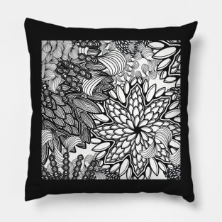 Floral Mandala Explosion -  Black and White Zentangle - Digitally Illustrated Flower Pattern for Home Decor, Clothing Fabric, Curtains, Bedding, Pillows, Upholstery, Phone Cases and Stationary Pillow