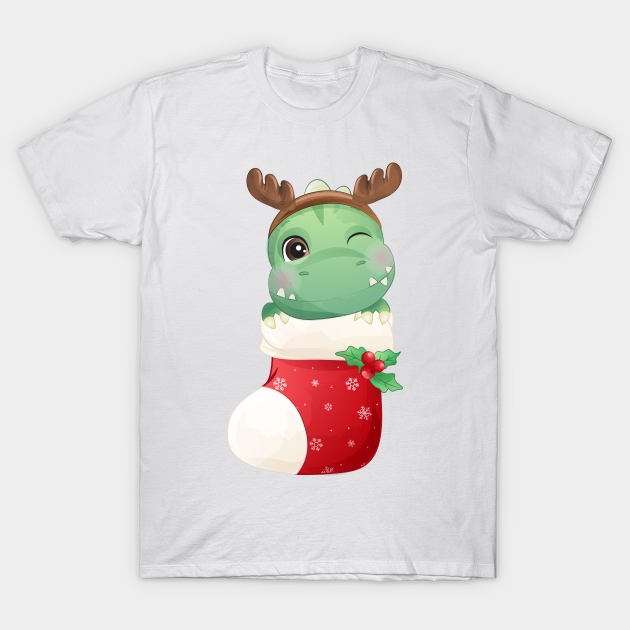 Cute Christmas T Rex Dinosaur In Stocking - Christmas T Rex - T-Shirt