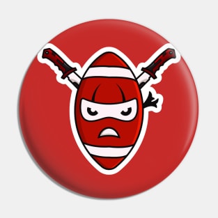 Rugby Ball Ninja with Swords Sticker design vector illustration. Sports object icon concept. Ninja mascot with American football sticker design icons logo with shadow. Pin