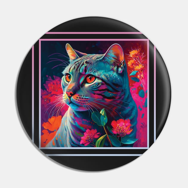 Longing Egyptian Mau Cat Floral Vibrant Tropical Digital Oil Painting Pet Portrait Pin by ArtHouseFlunky