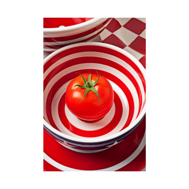 Tomato in red and white bowl by photogarry