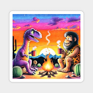 Dinosaur & Caveman Sunset Campfire - Prehistoric Friends Gathering Magnet