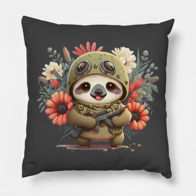 The flowery soldier as a sloth armed and ready for peace Pillow by EUWO