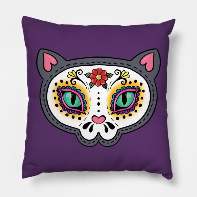 Dia De Los Gatos Sugar Kitty Pillow by LittleBunnySunshine