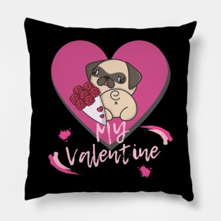 My Valentine with a Kawaii Style Dog Pink Heart and Flowers Pillow