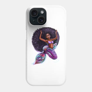 mermaid with big Afro underwater, brown eyes curly Afro hair and caramel brown skin. Black mermaid Phone Case