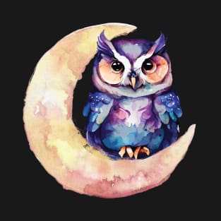 Whimsical Owl in Crescent Moon Watercolor Art Print T-Shirt