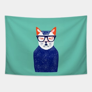 London Hipster Cat Retro Poster Vintage Art Hipster Wall Turquoise Blue Illustration Tapestry